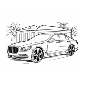 Dibujo de coche elegante frente a una casa para colorear