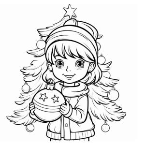 Dibujo de niña decorando el árbol de navidad para colorear