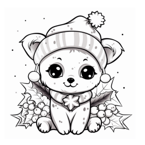 Dibujo de oso cute con gorro navideño para colorear