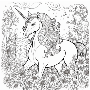 Dibujo de unicornio en un jardín mágico para colorear