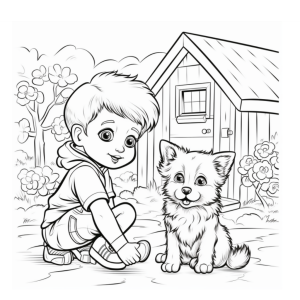 Dibujo de niño con perro en el jardín para colorear