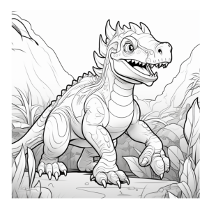 Dibujo de dinosaurio Stegosaurus caminando entre montañas para colorear
