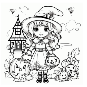 Dibujo de niña con calabazas en halloween para colorear