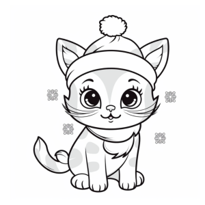 Dibujo de un gato navideño con gorrito y pomos de nieve para colorear