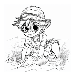 Dibujo de niño con gorro y lentes en la playa jugando en la arena