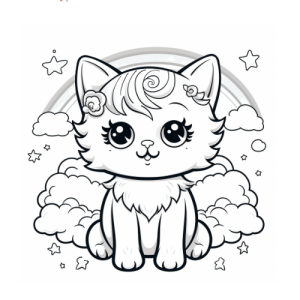 Dibujo de gato adorable con arcoíris y entre nubes para colorear