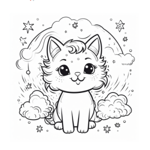 Dibujo de gato adorable con nubes y estrellas para colorear