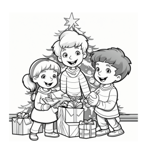 Dibujo de niños celebrando navidad con regalos para colorear