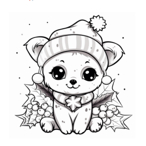 Dibujo de perro navideño con gorro para colorear