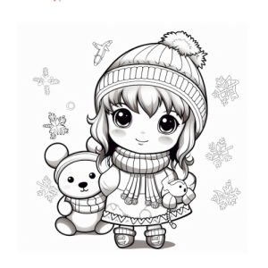 Dibujo de niña con gorro y bufanda, acompañada de un osito en navidad