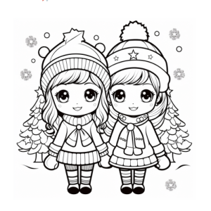 Dibujo de niñas en invierno con Árboles de navidad para colorear