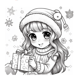 Dibujo de niña con regalo en navidad para colorear