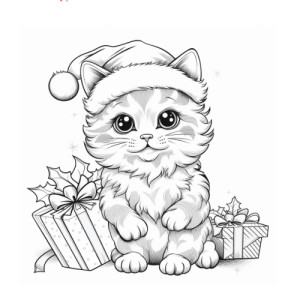 Dibujo de gato navideño con gorro y regalos para colorear