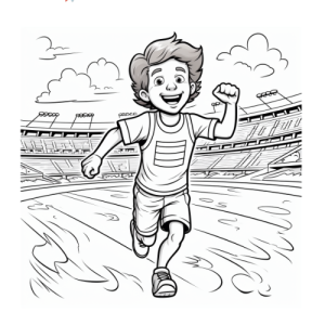 Dibujo de niño corriendo en el estadio en una competencia para colorear