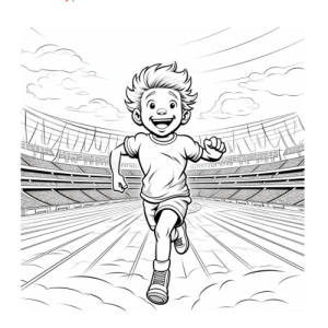 Dibujo de niño corriendo en el estadio llegando a la meta para colorear