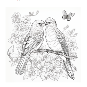 Dibujo de dos aves juntas sobre flores para colorear