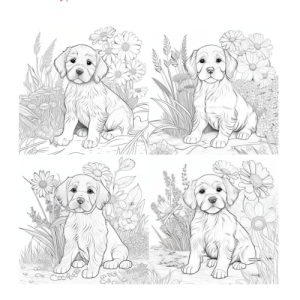 Dibujo de adorables cachorros rodeados de flores para colorear