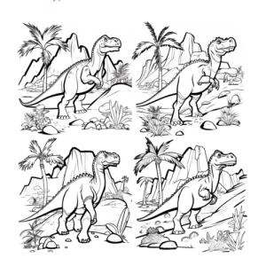 Dibujo de dinosaurios en un paisaje prehistórico para colorear