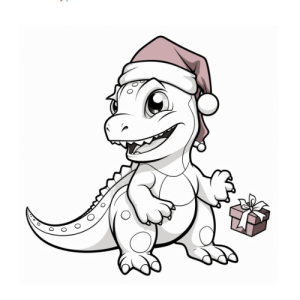 Dibujo de dinosaurio Tyrannosaurus rex animado con sombrero de navidad para colorear