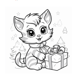 Dibujo de gato navideño con regalo para colorear