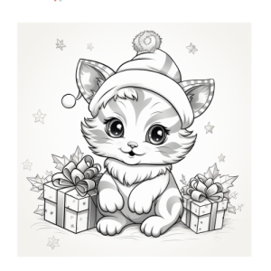 Dibujo de gatito navideño con regalos festivo para colorear