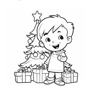 Dibujo de niño feliz junto al árbol de navidad para colorear