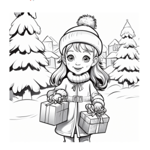 Dibujo de niña con regalos en navidad para colorear