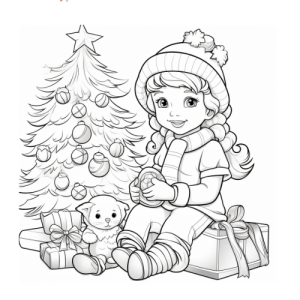 Dibujo de niña con christmas y gatito para colorear