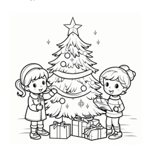 Dibujo de niños decorando un Árbol de navidad para colorear