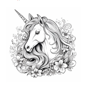 Dibujo de unicornio rodeado de flores para colorear