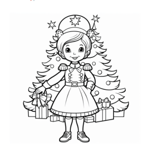 Dibujo de niña feliz junto al árbol de navidad para colorear