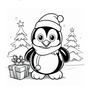 Dibujo de pingüino navideño con regalo para colorear