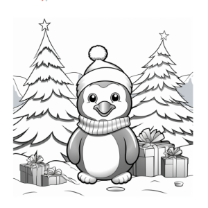 Dibujo de pingüino navideño con regalos y árboles para colorear