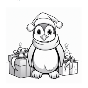 Dibujo de pingüino navideño con regalos para colorear