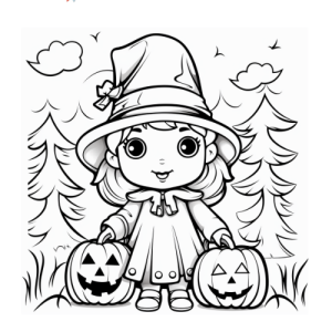 Dibujo de niña con calabazas de halloween para colorear