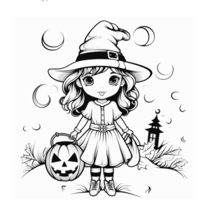 Dibujo de niña bruja con calabaza para colorear