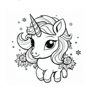 Dibujo de unicornio adorable con flores para colorear