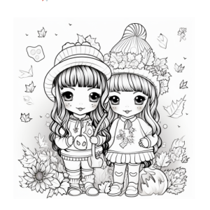 Dibujo de niñas adorables en otoño para colorear