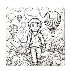 Dibujo de un niño caminando con globos aerostáticos para colorear