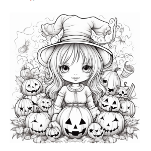 Dibujo de niña con sombrero de bruja y calabazas para colorear