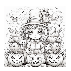 Dibujo de niña en halloween con calabazas y fantasmas para colorear