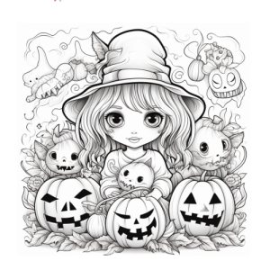 Dibujo de niña con calabazas y criaturas de halloween para colorear