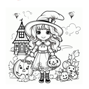 Dibujo de niña con sombrero de bruja y cestas de calabazas