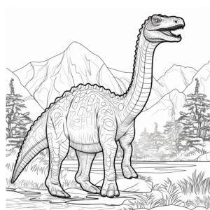 Dibujo de dinosaurio brontosaurio entre montañas para colorear