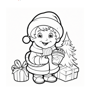 Dibujo de niño con gorro de navidad y regalos para colorear