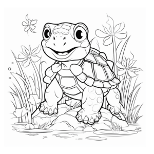 Dibujo de tortuga sonriente en un jardín para colorear