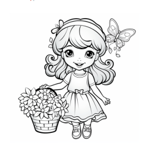 Dibujo de niña sonriente con flores y mariposa para colorear