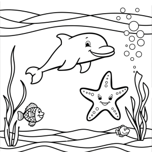 Dibujo de delfín alegre con peces y estrella de mar para colorear