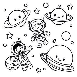 Dibujo de astronautas y planetas en el espacio para colorear