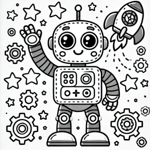 Dibujo de robot sonriente con cohete y estrellas para colorear